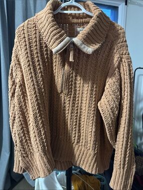 aerie Cable Knit Half-Zip Turtleneck Sweater in Camel